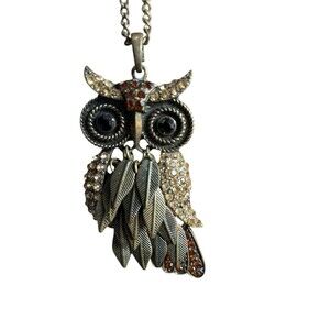 Vtg OWL pendant Statement necklace Retro bronze chain rhinestones Lucky Brand
